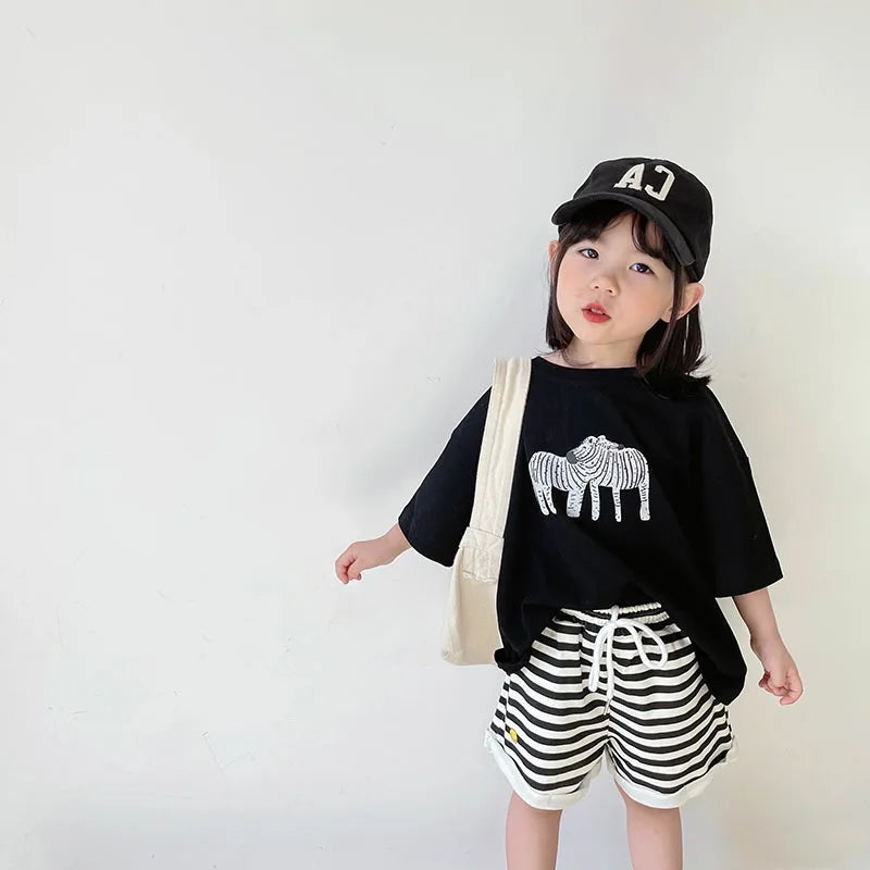 ‌Korean Style Summer Kids T-Shirt Cute Cartoon Print Loose Fit Drop Shoulder Mid-Sleeve Top for Baby Boys Girls Toddler Clothes