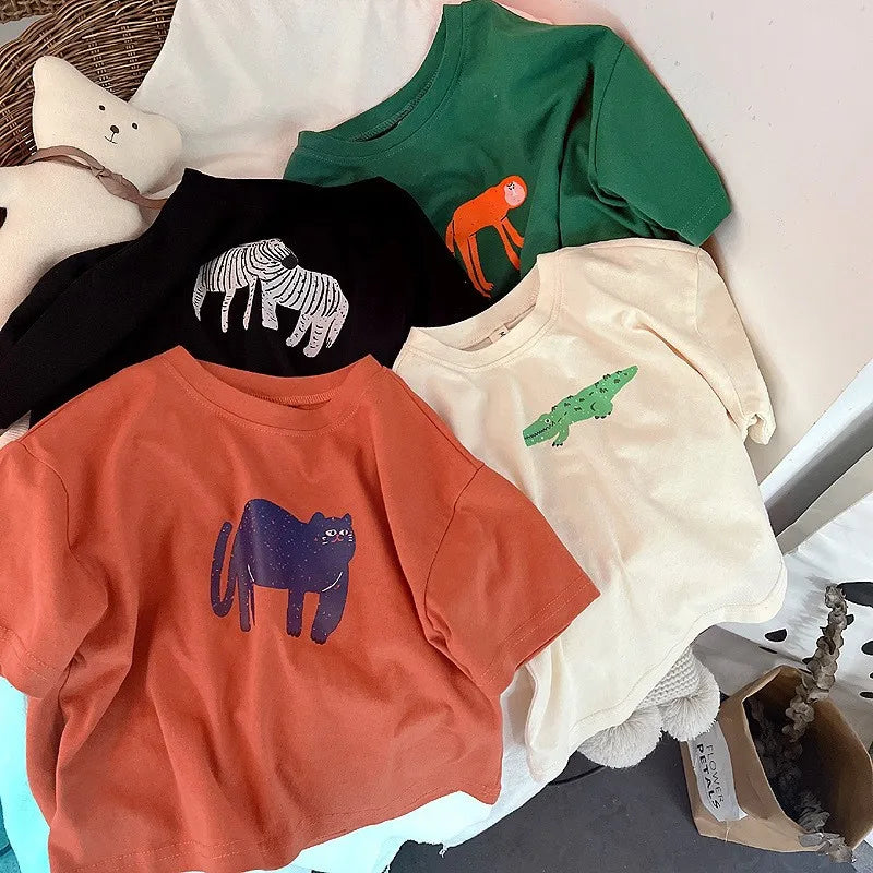 1-6 Age Children's Clothes Solid Color Printed Animal Kids Tees Tops Short-sleeved Summer Clothing Loose Fashion Girls T Shirts