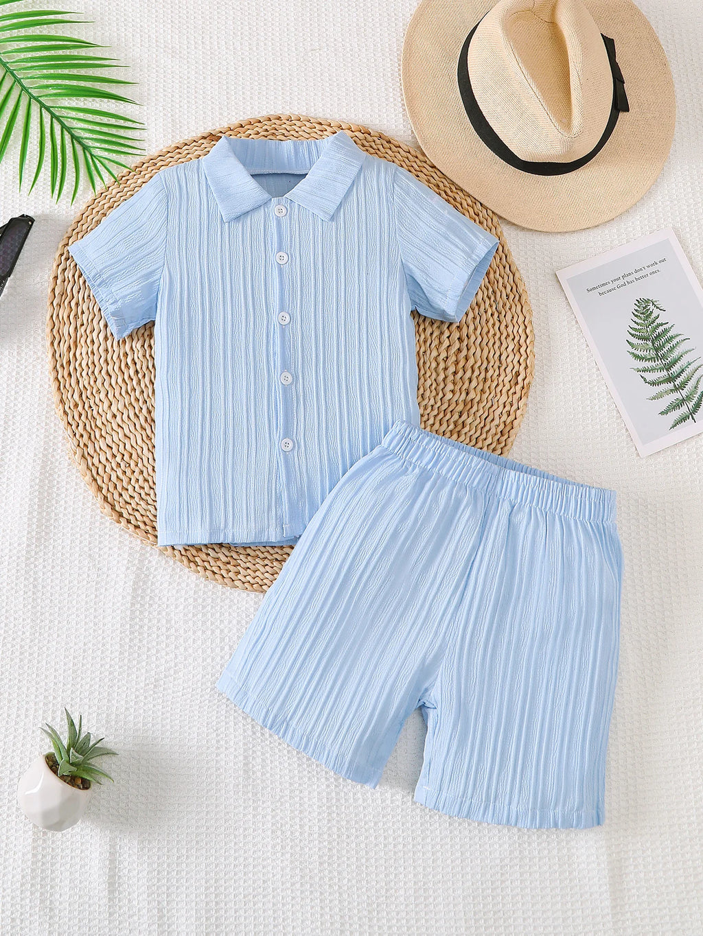 Boys Summer Casual Solid Color Collared Open Front Short Sleeve Outfit Set