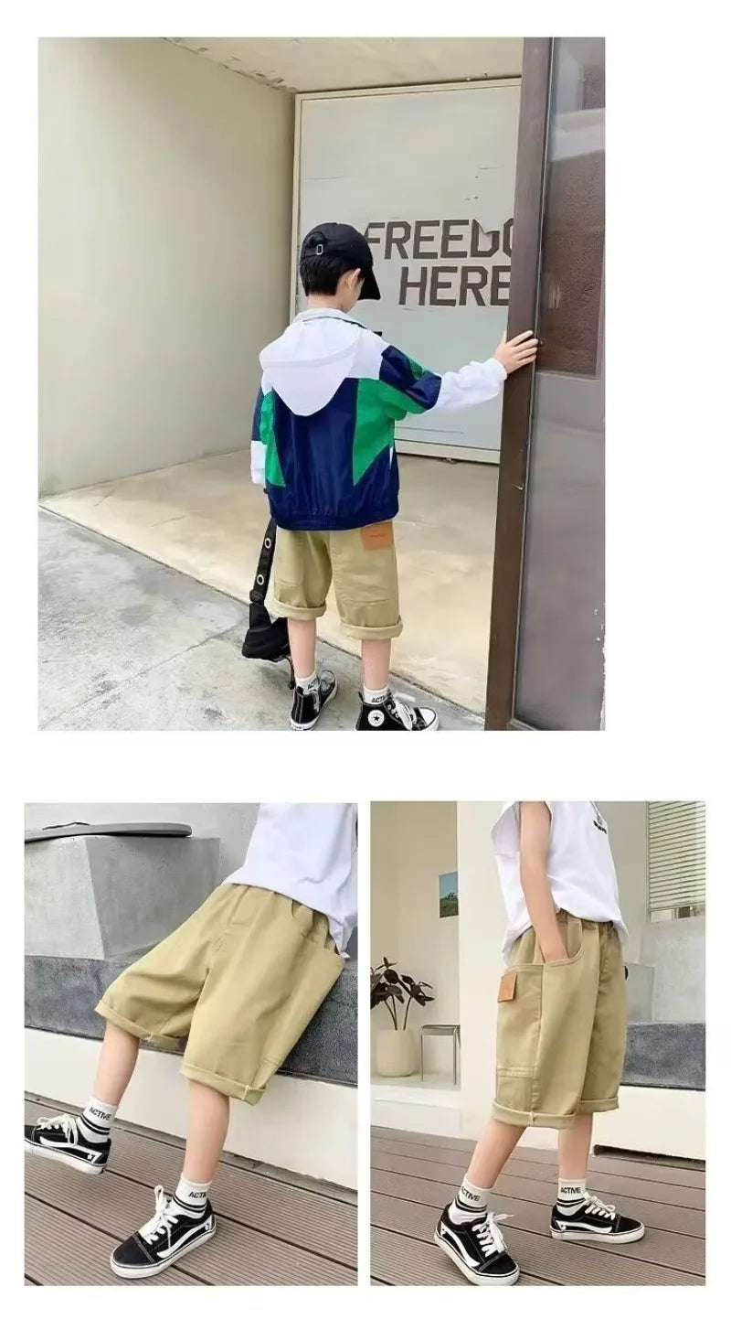 UNITIM Summer 3-14Y Kids Boy Shorts Sticker Pockets Children Boys Half-length Pant Loose Casual Elastic Waist Junior Boys Shorts