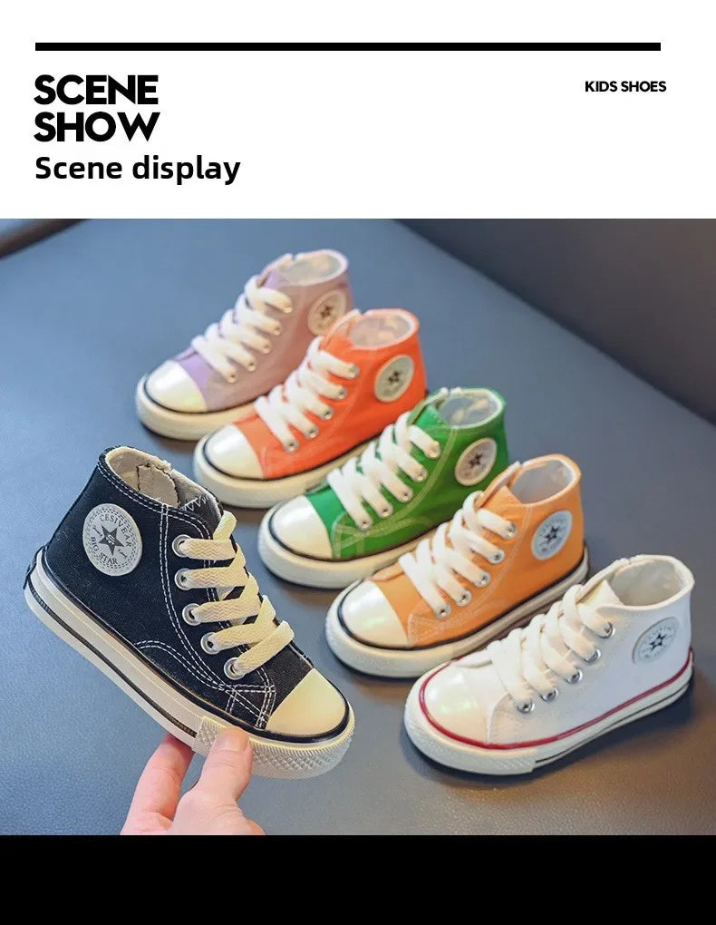 Girls Spring Korean Version Soft Soled Casual Shoes Boys High Top Canvas Shoes Children Antiskid Student Board Shoes Solid Color