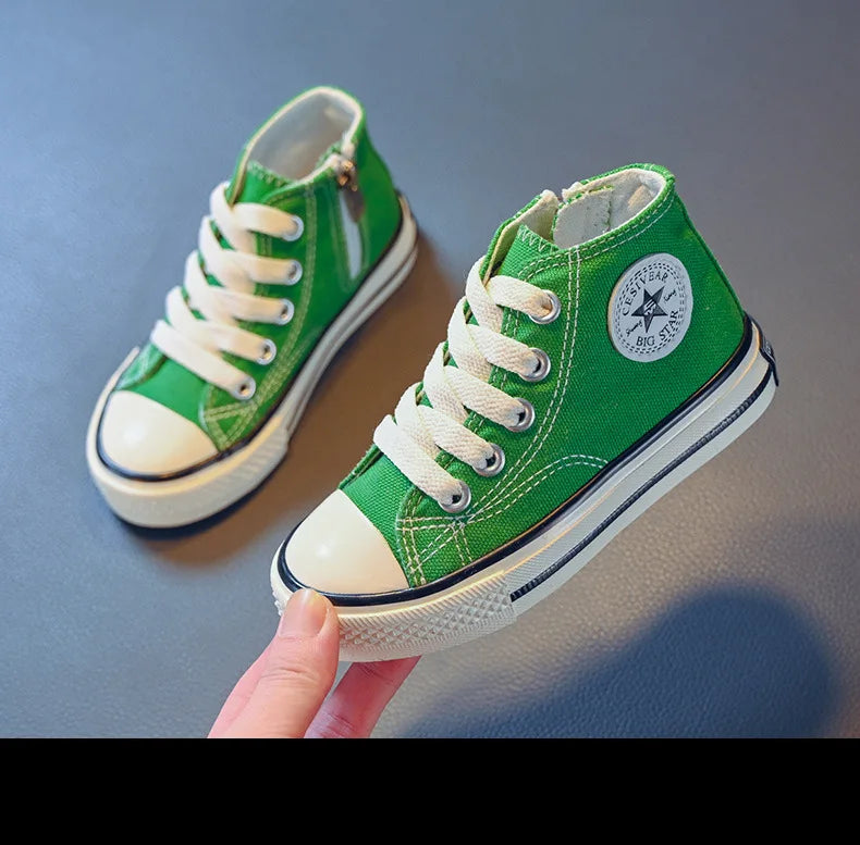 Girls Spring Korean Version Soft Soled Casual Shoes Boys High Top Canvas Shoes Children Antiskid Student Board Shoes Solid Color