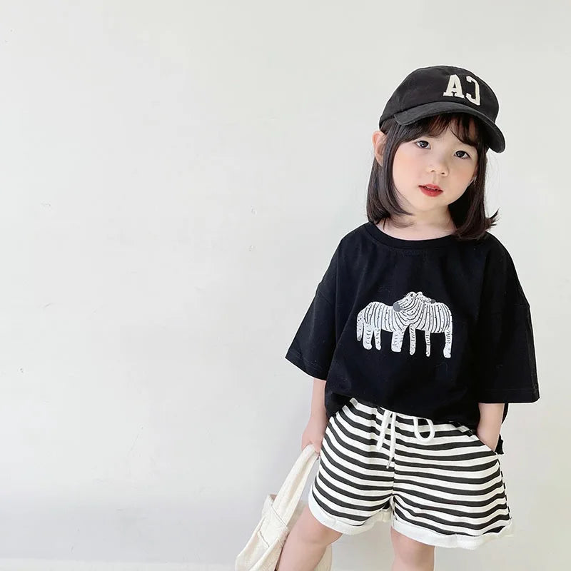 ‌Korean Style Summer Kids T-Shirt Cute Cartoon Print Loose Fit Drop Shoulder Mid-Sleeve Top for Baby Boys Girls Toddler Clothes