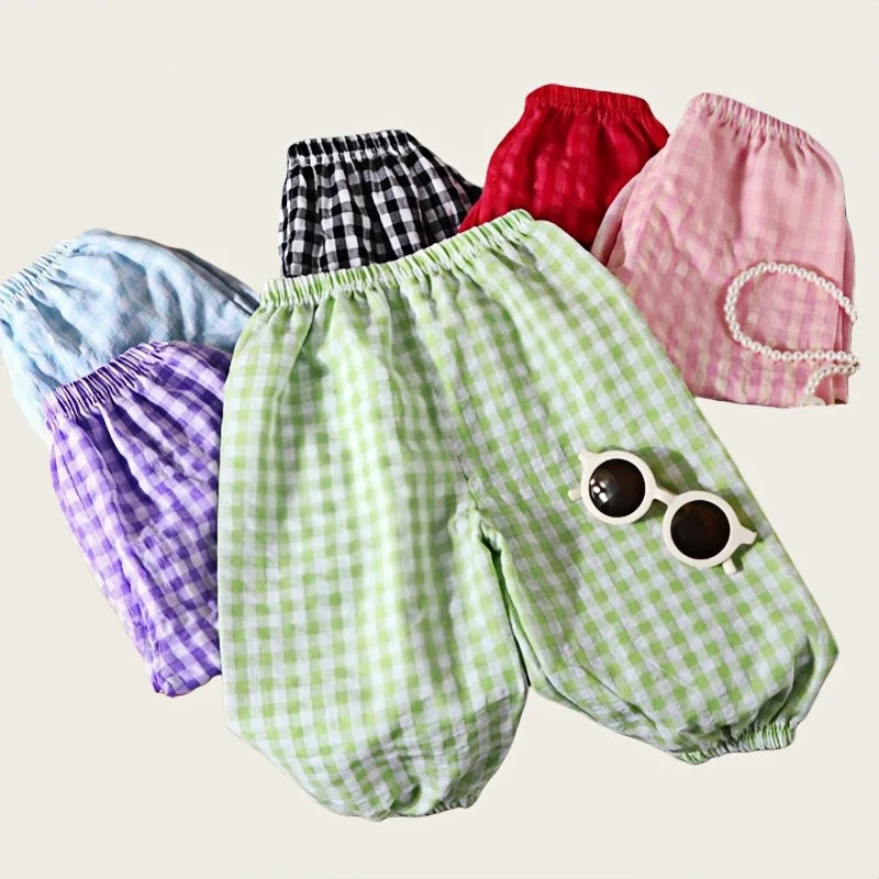 0-7Y Baby Girls Boys Mosquito Trousers 2026 Summer Kids Plaid Pants Breathable Repellent Lantern Daily Outdoor Children Clothing