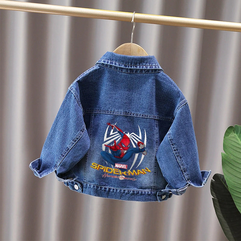 Cartoon Spiderman Print Boys' Casual Single-Button Denim Jacket Spring Autumn New Style Children's Jeans Coat for Ages 2-11