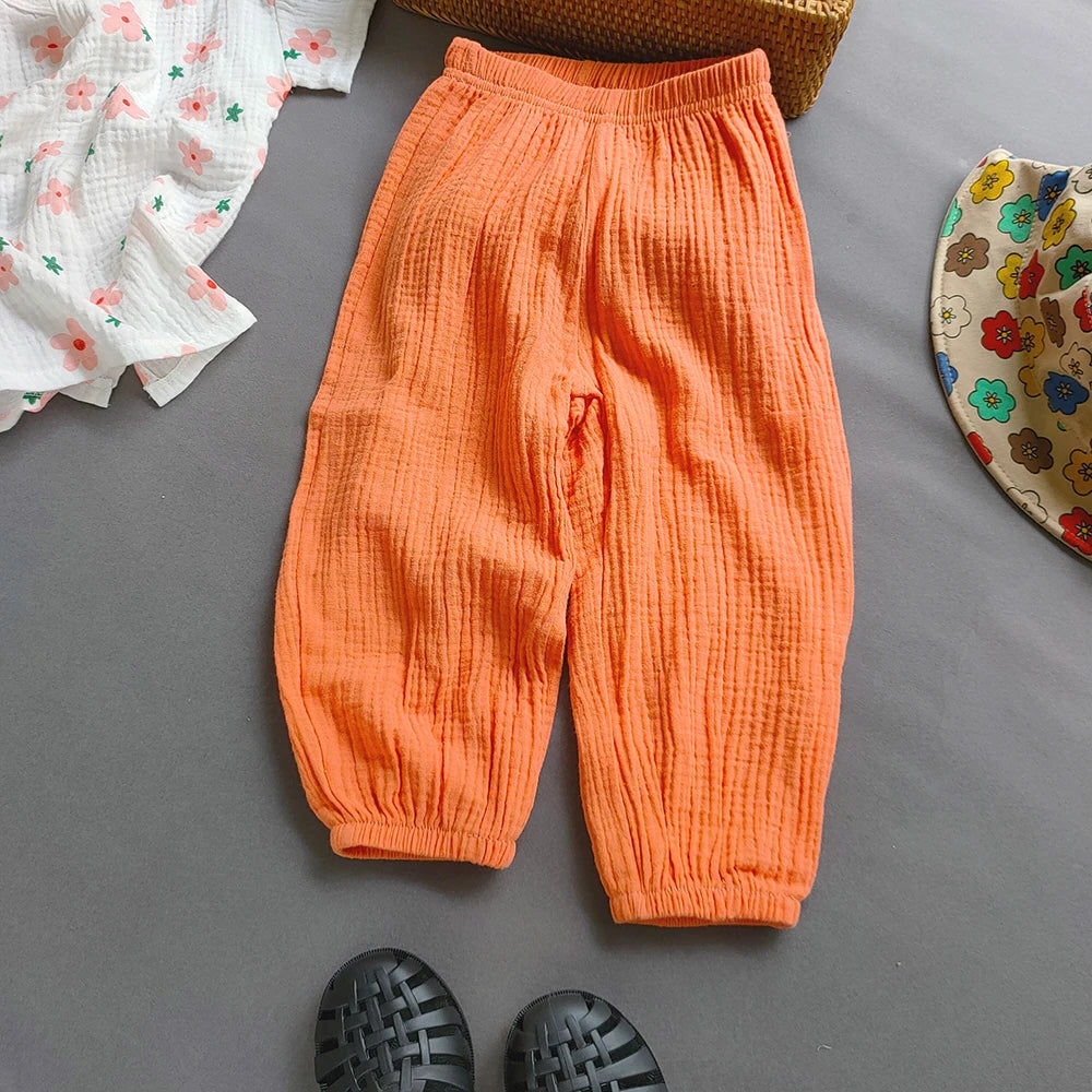 Summer Kids Cotton Line Harem Pant Children Clothes Girl Boy Solid Colour Cropped Pants Casual Girls Pants