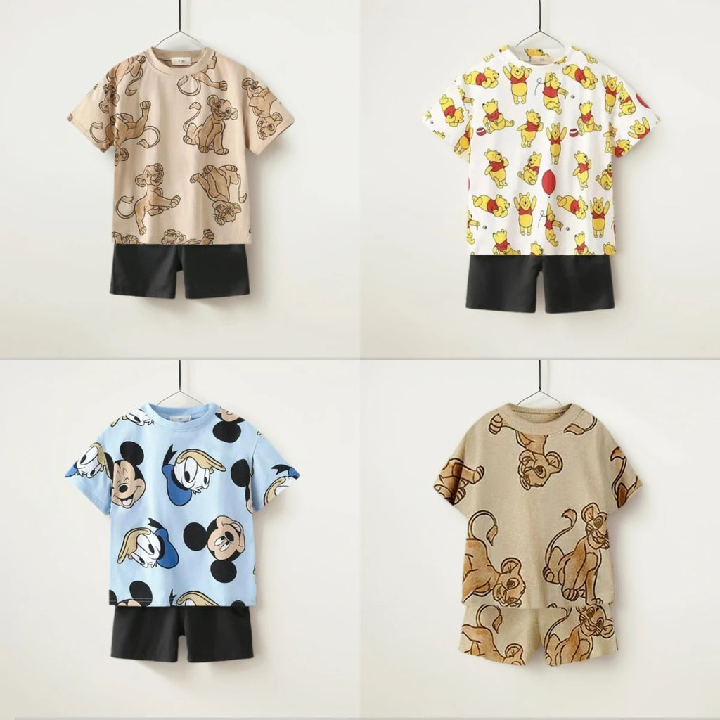 Children's All Over Print Casual Sets Lion King Winnie The Pooh Mickey Print Kids Loose Two Piece Sets Summer New Boys And Girls