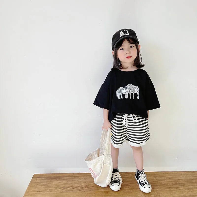 ‌Korean Style Summer Kids T-Shirt Cute Cartoon Print Loose Fit Drop Shoulder Mid-Sleeve Top for Baby Boys Girls Toddler Clothes