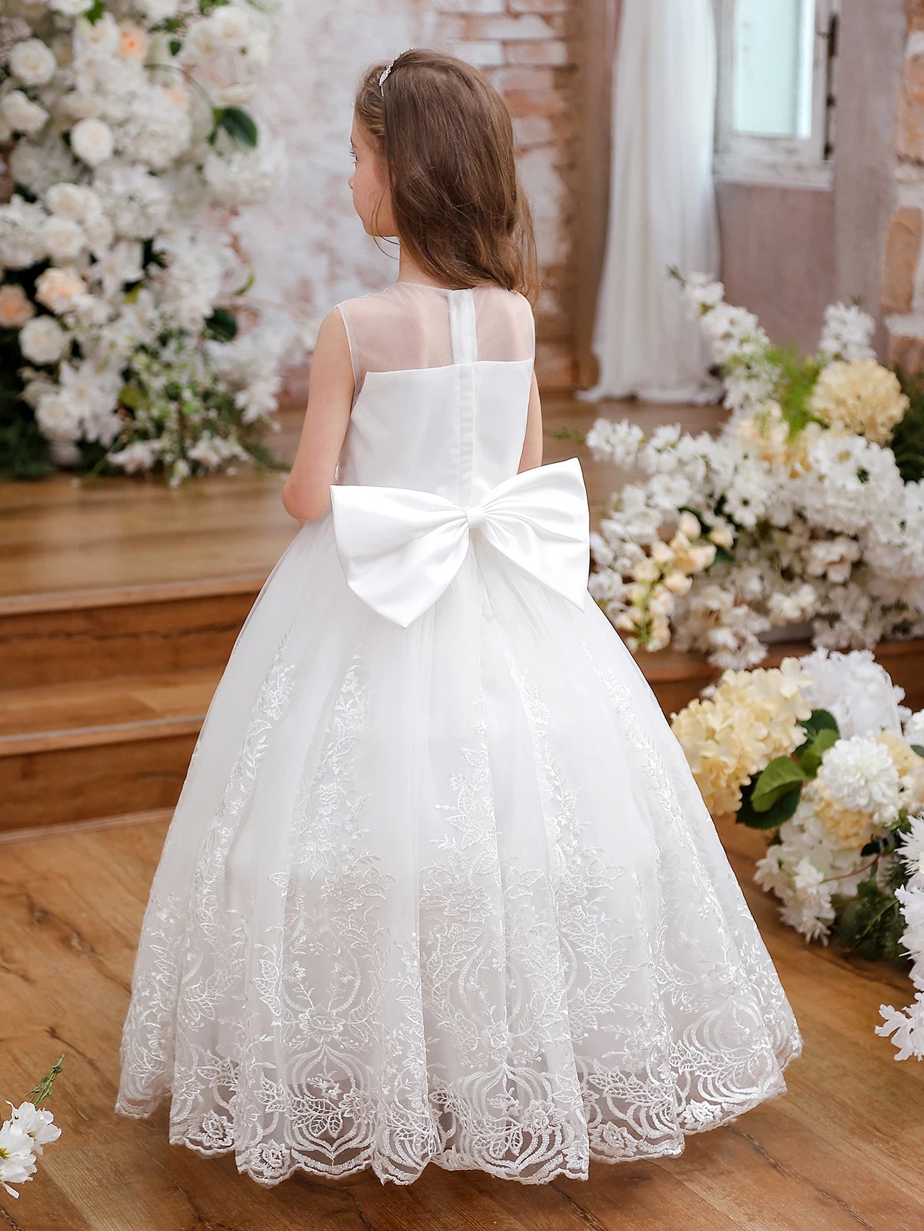 lower Girl Dress Embroidery Tulle Lace for Kid Bridesmaid Birthday Party Communion Formal Princess Bow Ball Gown