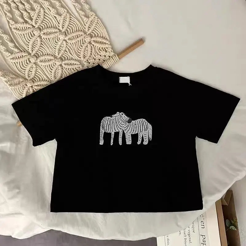 1-6 Age Children's Clothes Solid Color Printed Animal Kids Tees Tops Short-sleeved Summer Clothing Loose Fashion Girls T Shirts