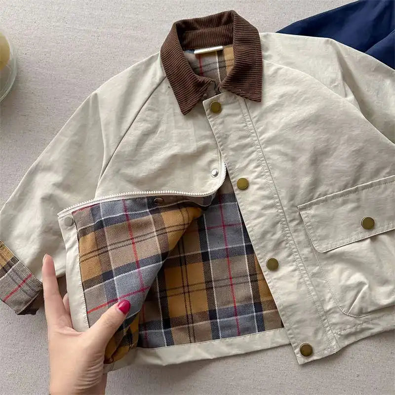 KIDWHXR Spring Kids Boys Coat Plaid Spliced Turn Down Collar Toddler Boys Outerwears Long Sleeve Pocket Children Boys Jacket