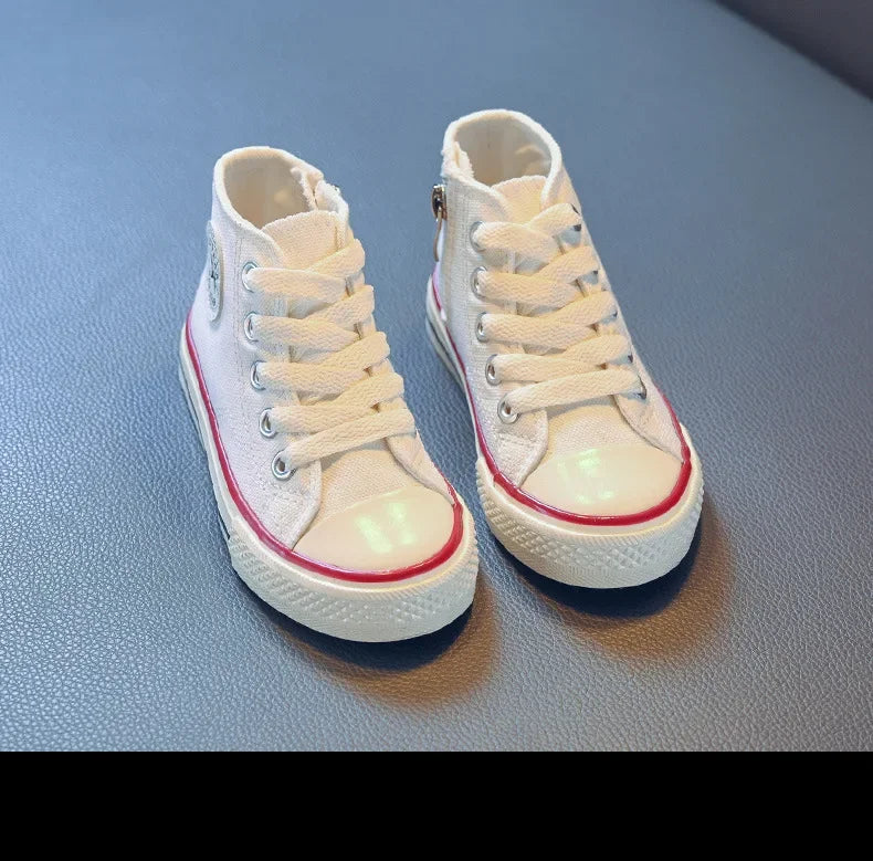 Girls Spring Korean Version Soft Soled Casual Shoes Boys High Top Canvas Shoes Children Antiskid Student Board Shoes Solid Color