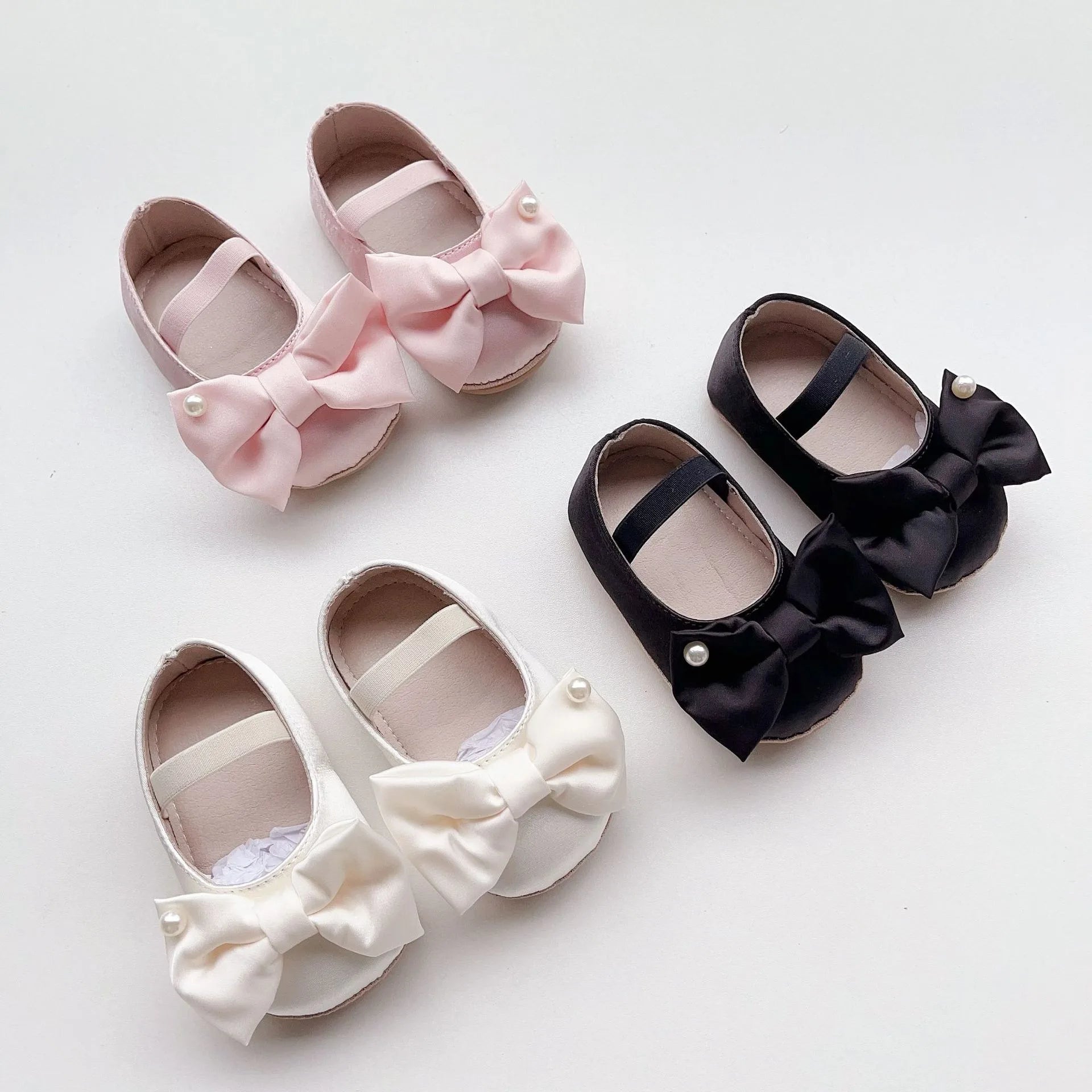 0-18M Newborn Baby Bowknot Shoes Rubber Sole Anti-slip PU Ballet Slippers Infant Girl Dress First Walkers Kids Pearl Crib Shoes