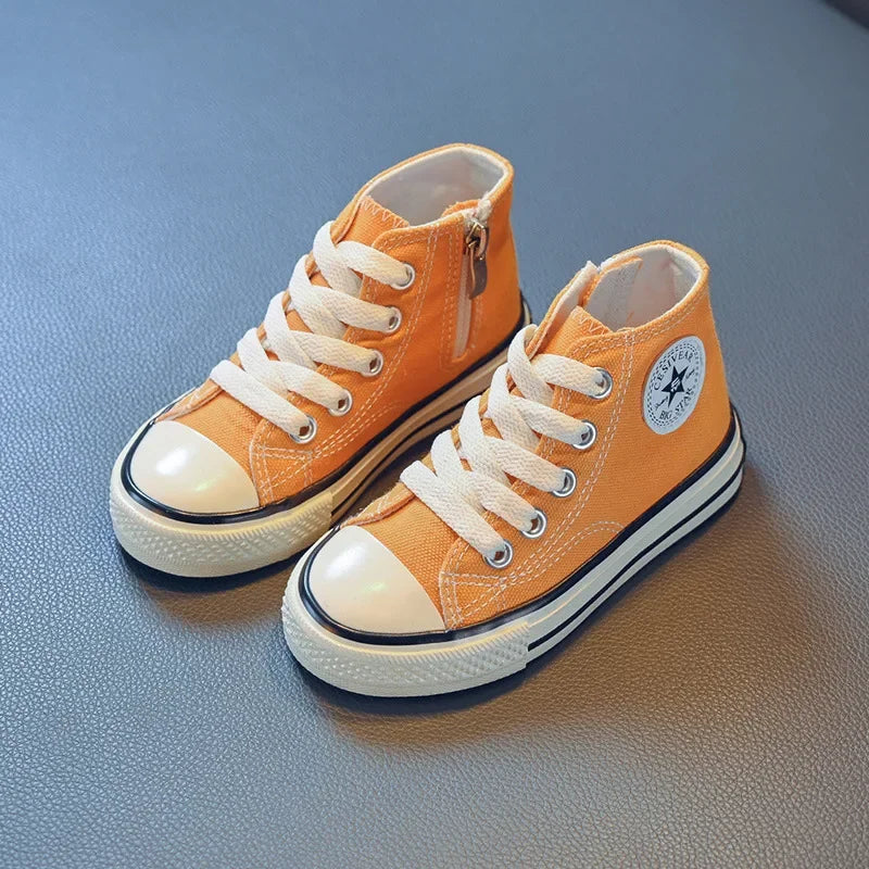 Girls Spring Korean Version Soft Soled Casual Shoes Boys High Top Canvas Shoes Children Antiskid Student Board Shoes Solid Color