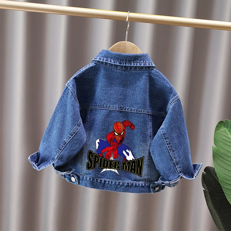 Cartoon Spiderman Print Boys' Casual Single-Button Denim Jacket Spring Autumn New Style Children's Jeans Coat for Ages 2-11