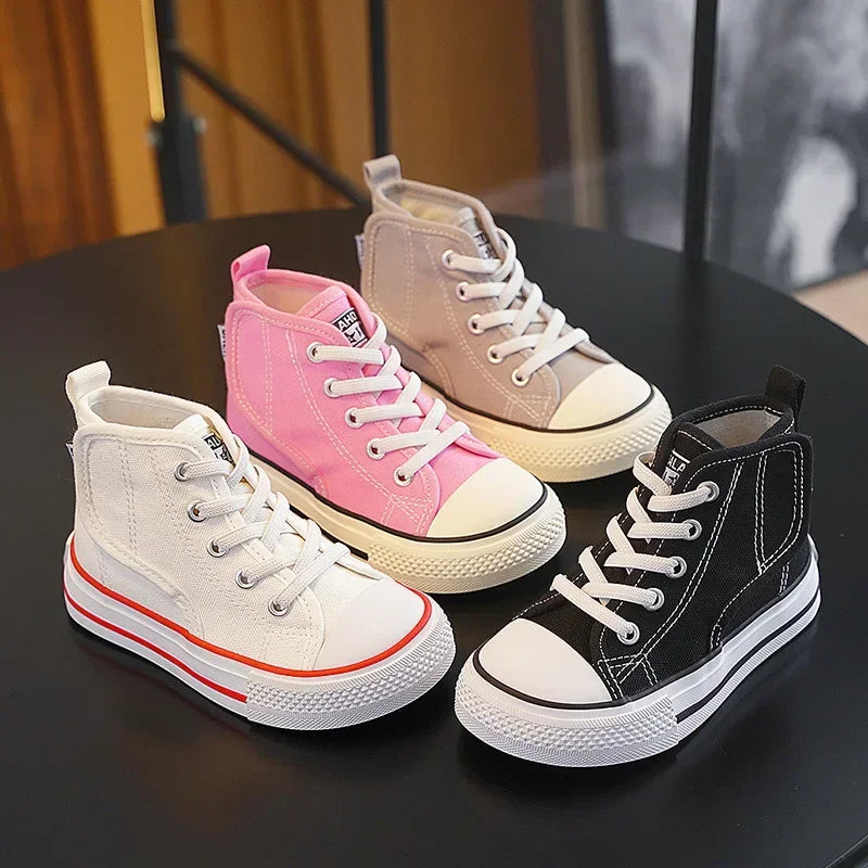Spring Autumn Children Canvas Shoes Boys High Top Girls Casual Board Shoes Soft Soled Velcro Antiskid Solid Color Breathable