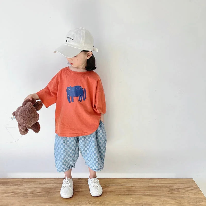 ‌Korean Style Summer Kids T-Shirt Cute Cartoon Print Loose Fit Drop Shoulder Mid-Sleeve Top for Baby Boys Girls Toddler Clothes