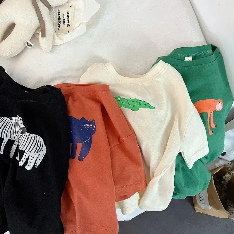 ‌Korean Style Summer Kids T-Shirt Cute Cartoon Print Loose Fit Drop Shoulder Mid-Sleeve Top for Baby Boys Girls Toddler Clothes