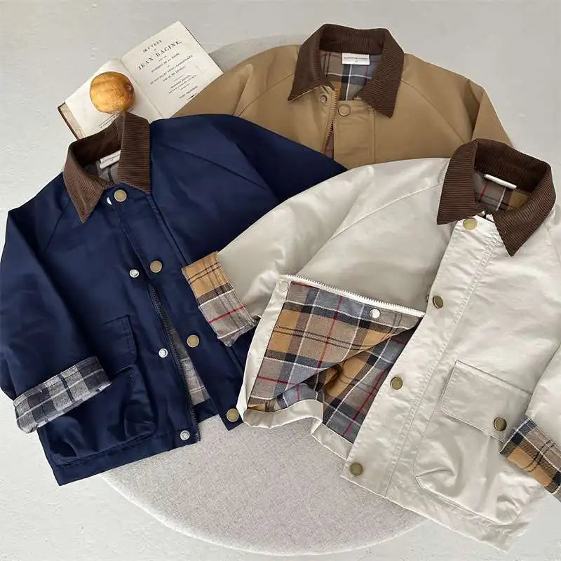 KIDWHXR Spring Kids Boys Coat Plaid Spliced Turn Down Collar Toddler Boys Outerwears Long Sleeve Pocket Children Boys Jacket