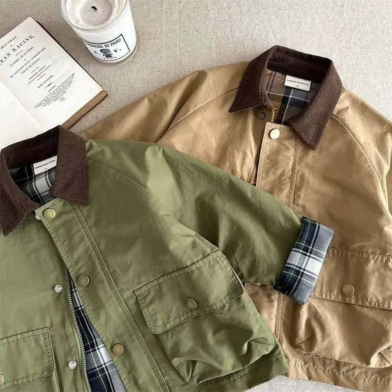 KIDWHXR Spring Kids Boys Coat Plaid Spliced Turn Down Collar Toddler Boys Outerwears Long Sleeve Pocket Children Boys Jacket