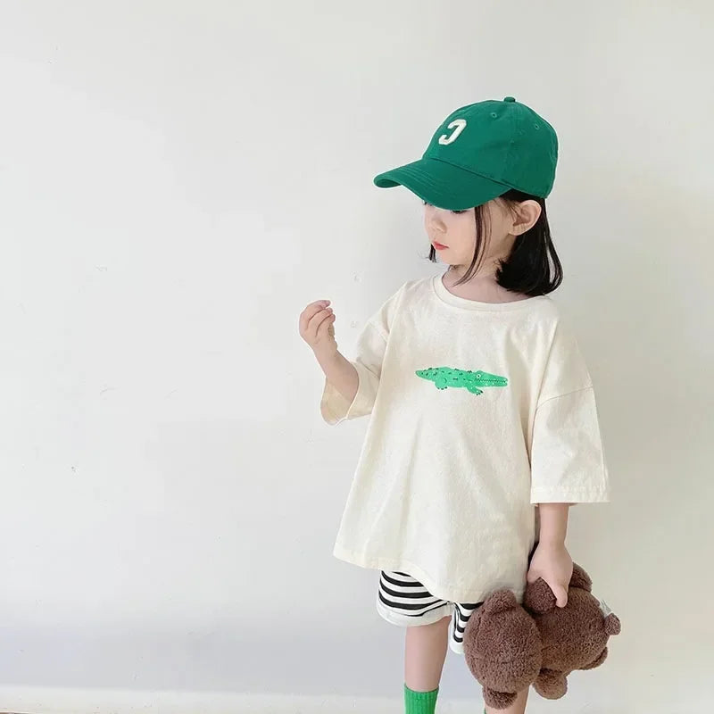 ‌Korean Style Summer Kids T-Shirt Cute Cartoon Print Loose Fit Drop Shoulder Mid-Sleeve Top for Baby Boys Girls Toddler Clothes