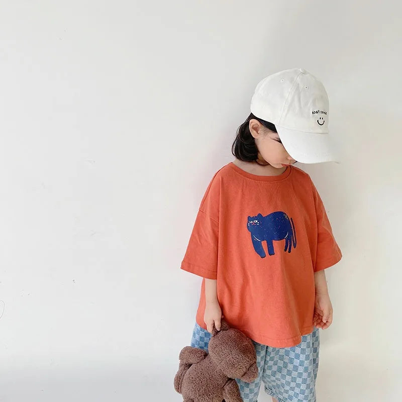 ‌Korean Style Summer Kids T-Shirt Cute Cartoon Print Loose Fit Drop Shoulder Mid-Sleeve Top for Baby Boys Girls Toddler Clothes