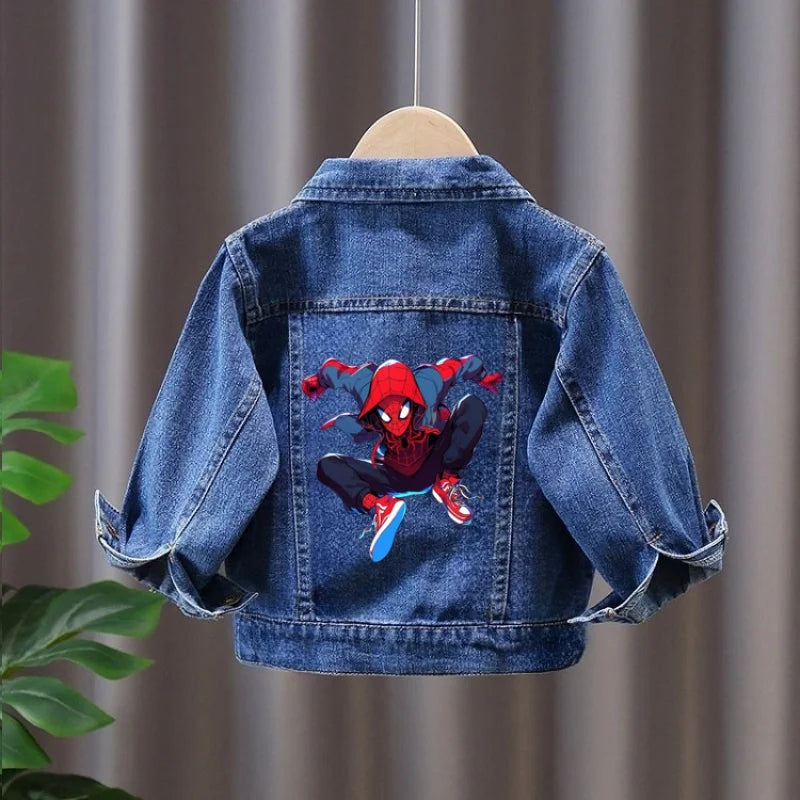 Cartoon Spiderman Print Boys' Casual Single-Button Denim Jacket Spring Autumn New Style Children's Jeans Coat for Ages 2-11