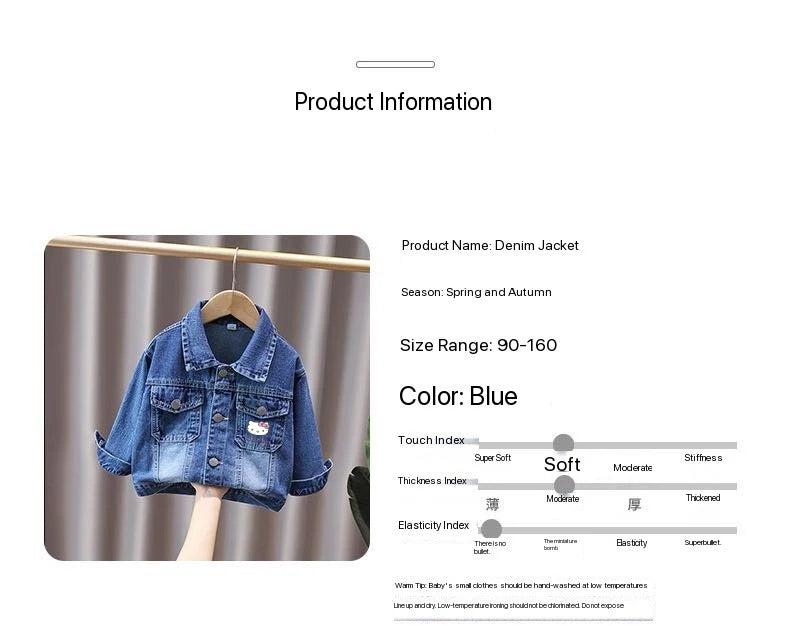 Spring Autumn Cartoon Hello Kitty Baby Girls Denim Jacket Coat Kids Outerwear 2-11 Years Old New Children's Clothing