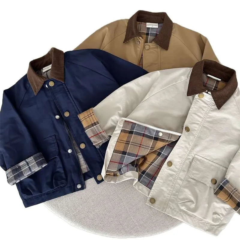 KIDWHXR Spring Kids Boys Coat Plaid Spliced Turn Down Collar Toddler Boys Outerwears Long Sleeve Pocket Children Boys Jacket
