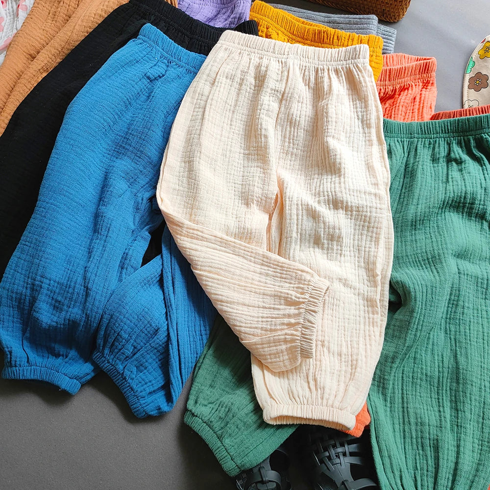 Summer Kids Cotton Line Harem Pant Children Clothes Girl Boy Solid Colour Cropped Pants Casual Girls Pants