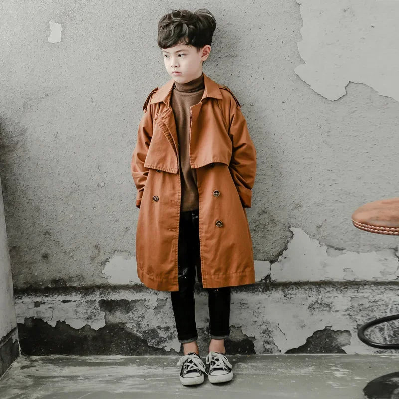 6-16y Kids Trench Coat Spring Autumn Boys Jacket Overcoat Long Sleeve Turn-Down Collar Children Windbreaker Top Clothes H20-63
