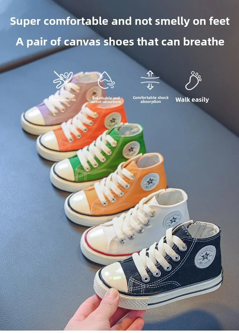 Girls Spring Korean Version Soft Soled Casual Shoes Boys High Top Canvas Shoes Children Antiskid Student Board Shoes Solid Color
