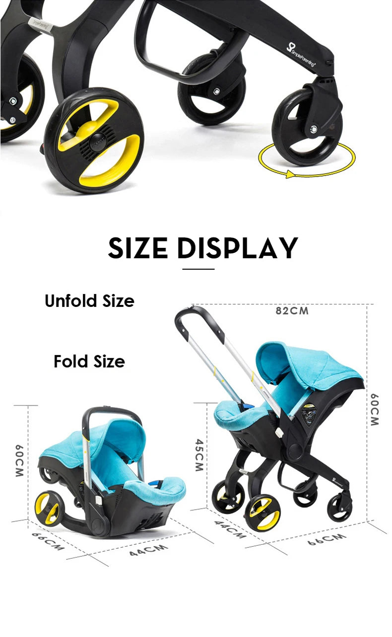Newborn to Toddler Travel System All-in-One Baby Mobility Solution, Stroller + Car Seat + Cradle + Basket, Anti-Rebound Handle Design, Shock Absorption Plastic, 5-Point Safety Belt, Foot Brake, Unfold 82cm, Fold 60cm, 0-6 Yea