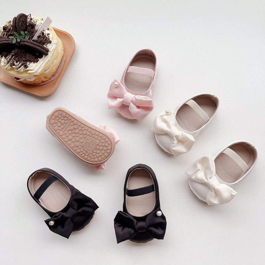 0-18M Newborn Baby Bowknot Shoes Rubber Sole Anti-slip PU Ballet Slippers Infant Girl Dress First Walkers Kids Pearl Crib Shoes