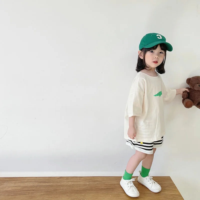 ‌Korean Style Summer Kids T-Shirt Cute Cartoon Print Loose Fit Drop Shoulder Mid-Sleeve Top for Baby Boys Girls Toddler Clothes