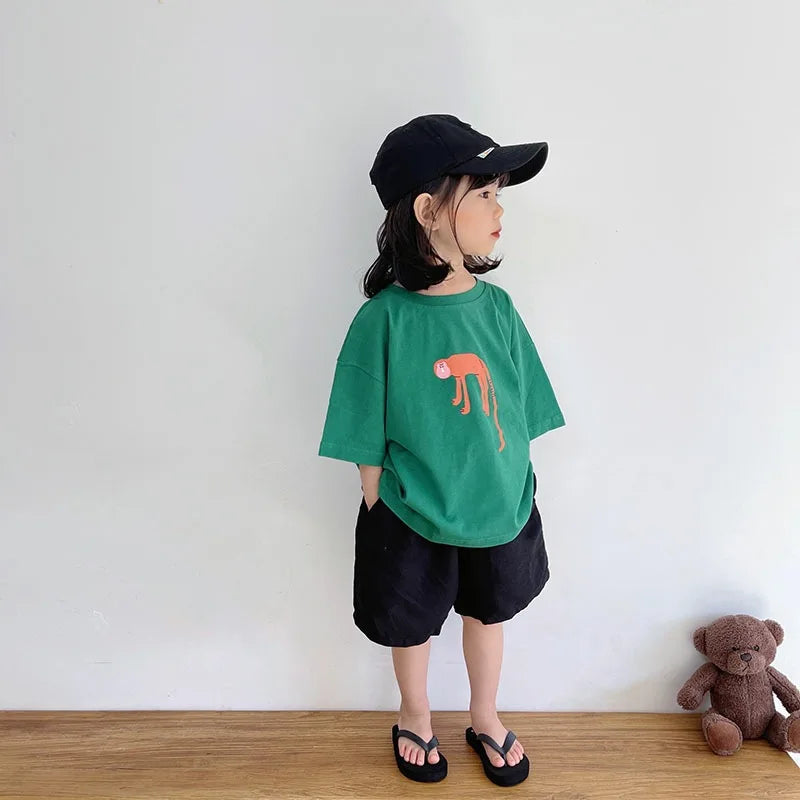 ‌Korean Style Summer Kids T-Shirt Cute Cartoon Print Loose Fit Drop Shoulder Mid-Sleeve Top for Baby Boys Girls Toddler Clothes