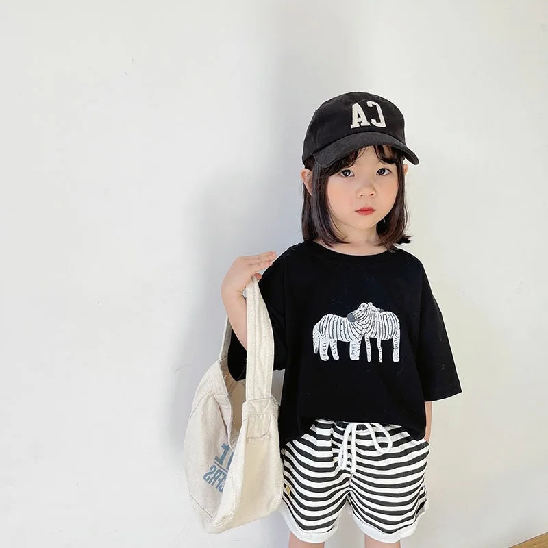 ‌Korean Style Summer Kids T-Shirt Cute Cartoon Print Loose Fit Drop Shoulder Mid-Sleeve Top for Baby Boys Girls Toddler Clothes