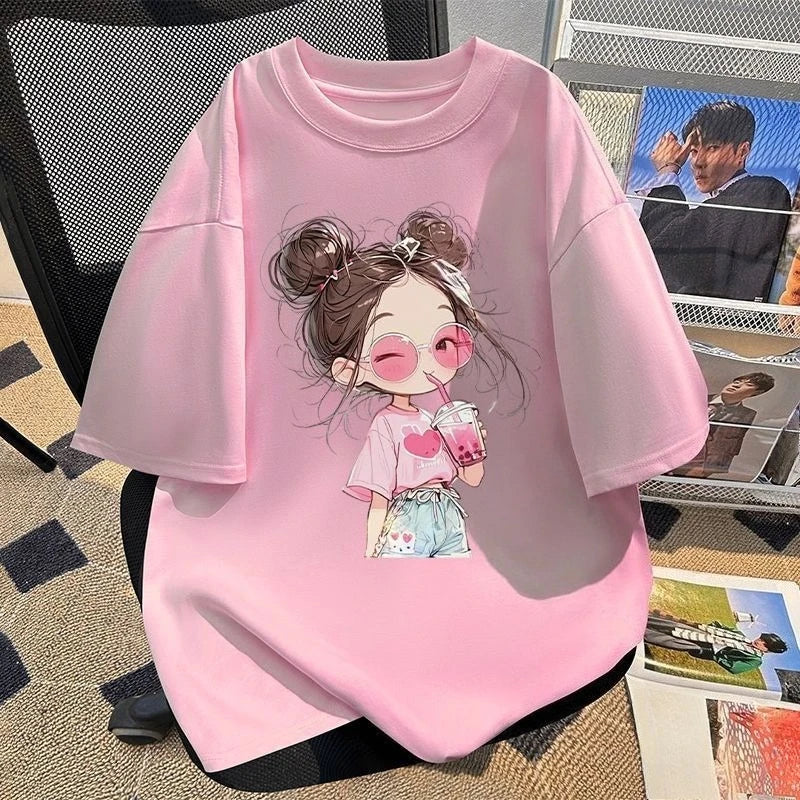 Cute Girls Pure Cotton Printed Short Sleeve T-Shirt Crew Neck Kids Summer Casual Top Big Middle Child Breathable Trendy Tee