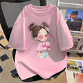 Cute Girls Pure Cotton Printed Short Sleeve T-Shirt Crew Neck Kids Summer Casual Top Big Middle Child Breathable Trendy Tee