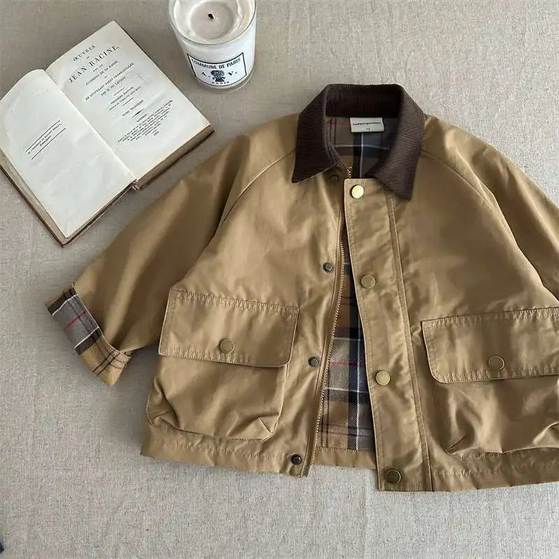 KIDWHXR Spring Kids Boys Coat Plaid Spliced Turn Down Collar Toddler Boys Outerwears Long Sleeve Pocket Children Boys Jacket