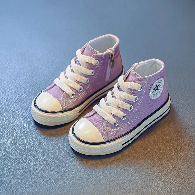 Girls Spring Korean Version Soft Soled Casual Shoes Boys High Top Canvas Shoes Children Antiskid Student Board Shoes Solid Color