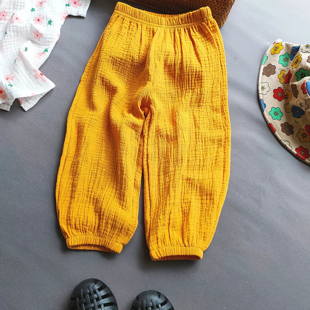Summer Kids Cotton Line Harem Pant Children Clothes Girl Boy Solid Colour Cropped Pants Casual Girls Pants