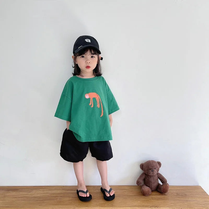 ‌Korean Style Summer Kids T-Shirt Cute Cartoon Print Loose Fit Drop Shoulder Mid-Sleeve Top for Baby Boys Girls Toddler Clothes