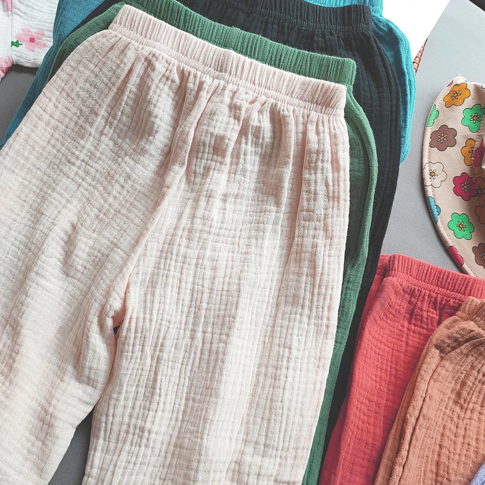 Summer Kids Cotton Line Harem Pant Children Clothes Girl Boy Solid Colour Cropped Pants Casual Girls Pants
