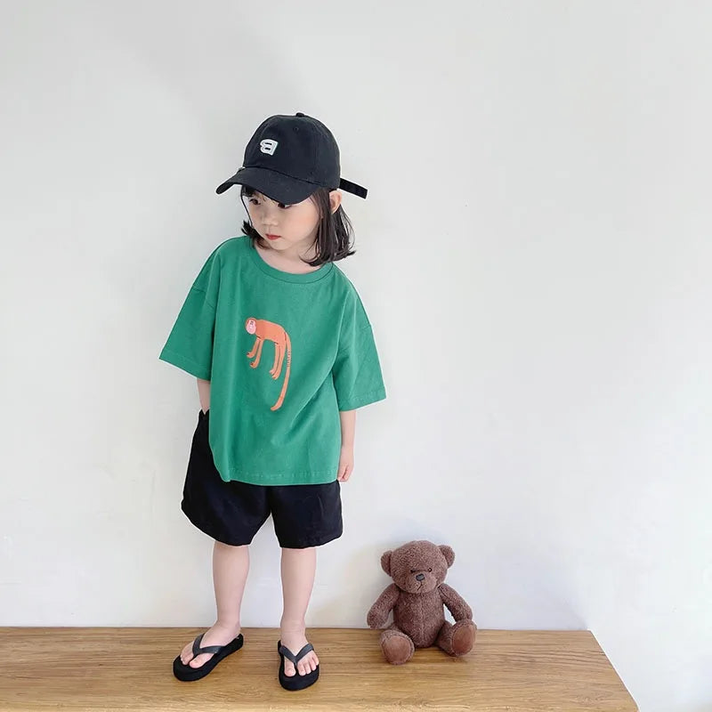 ‌Korean Style Summer Kids T-Shirt Cute Cartoon Print Loose Fit Drop Shoulder Mid-Sleeve Top for Baby Boys Girls Toddler Clothes