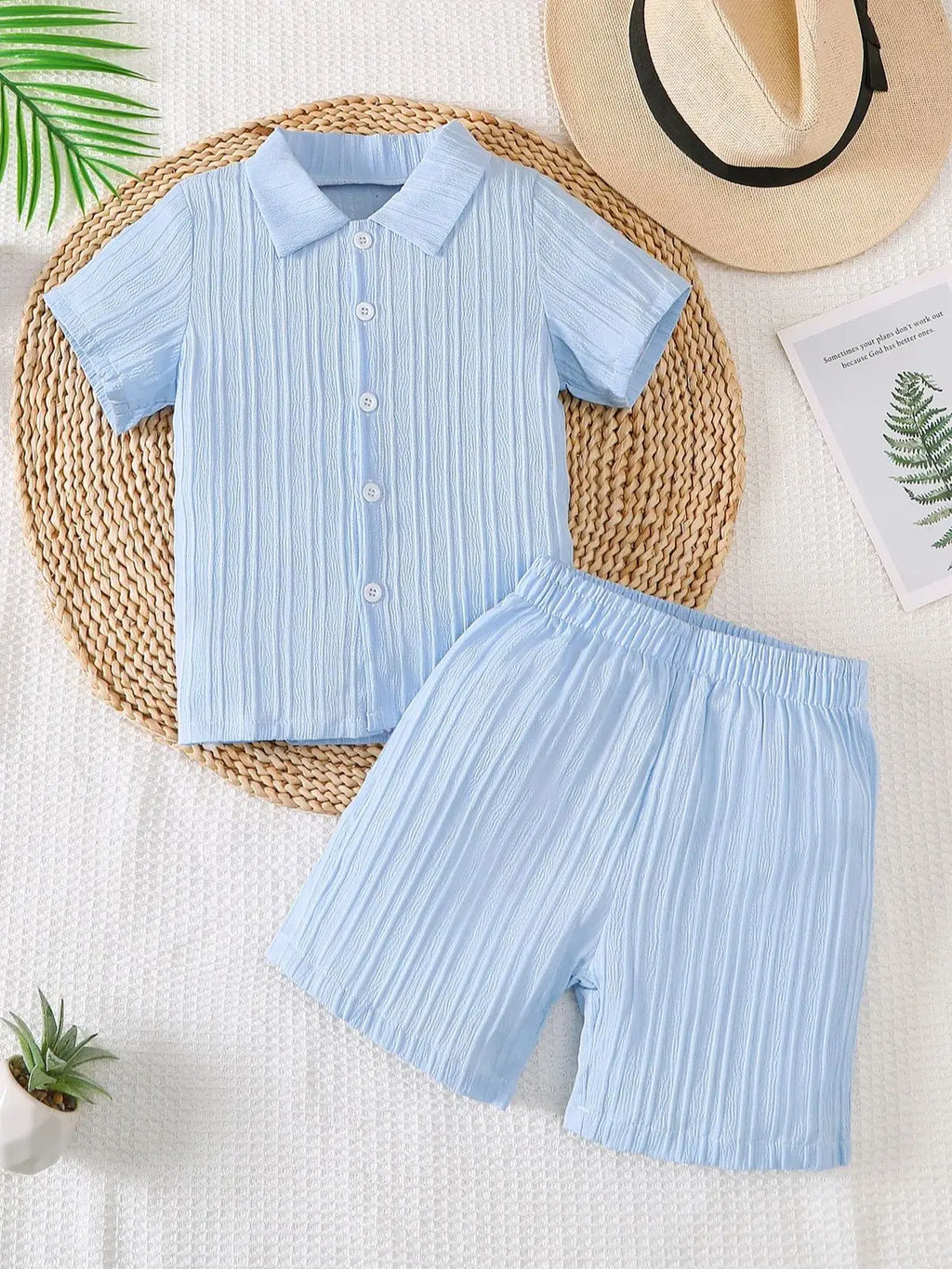Boys Summer Casual Solid Color Collared Open Front Short Sleeve Outfit Set