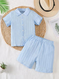 Boys Summer Casual Solid Color Collared Open Front Short Sleeve Outfit Set