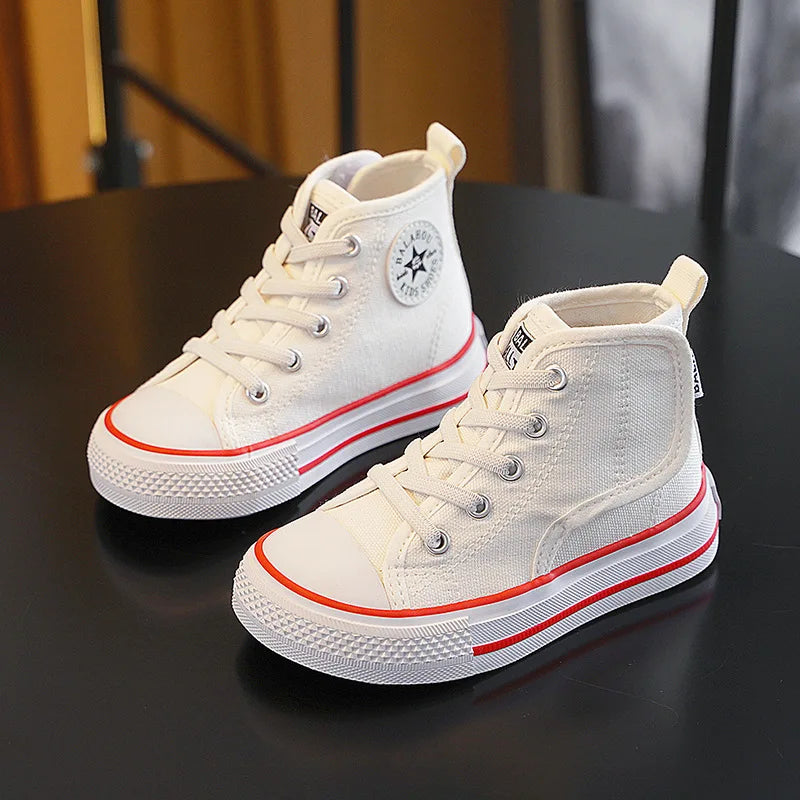Spring Autumn Children Canvas Shoes Boys High Top Girls Casual Board Shoes Soft Soled Velcro Antiskid Solid Color Breathable