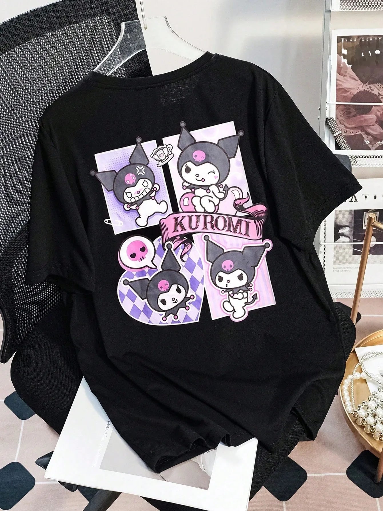 Sanrio Kuromi Collage Graphic Tee Multiple Sizes Screen Print Kuromi Theme Pure Cotton Casual Wear Fashionable Style