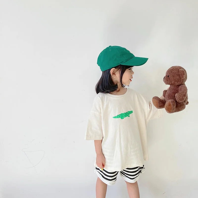 ‌Korean Style Summer Kids T-Shirt Cute Cartoon Print Loose Fit Drop Shoulder Mid-Sleeve Top for Baby Boys Girls Toddler Clothes